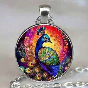Silver PEACOCK Glass Cabochon Pendant Necklace
